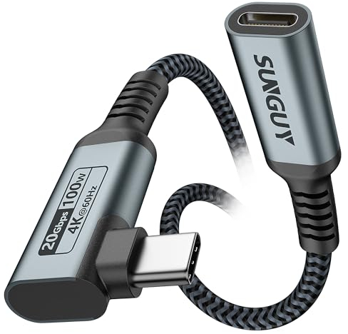 SUNGUY USB C Alargador 1M, 20Gbps 100W USB 3.2 USB C Cable Extensión 90 grados, 4K@60Hz transmisión de vídeo, compatible con iPhone16/15 Pro Max, M2 MacBook Pro XPS 15 Galaxy S24 S23 Steam Deck Switch
