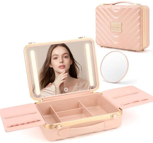 Deciniee Make Up Tasche mit Spiegel und 3 LED Licht - Tragbare Kosmetiktasche - Schminktasche Groß Kosmetikkoffer für Frauen und Mädchen - Rosa