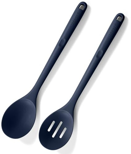 U-Taste Cuchara de silicona extra larga de 33,9 cm: Cuchara de cocina resistente al calor hasta 315 ℃, Cuchara antiadherente sólida y ranurada para servir, mezclar y sacar (Azul Medianoche, 2 piezas)