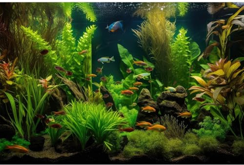 Aquarium Background Tropical Freshwater Habitat with Colorful Fish Plants Terrarium Background Tranquil Under The Sea Aquatic Plants Redwood Root with Lush Moss Fish Tank Background Vinyl 48x24in