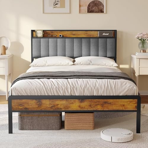 Bealife Polsterbett, Holzbett mit Metallbettgestell, gepolstertes Podest, Doppelbett mit Holzlattenrost, Stützkopfteil, Bettrahmen (Grau, 140 x 200 cm)
