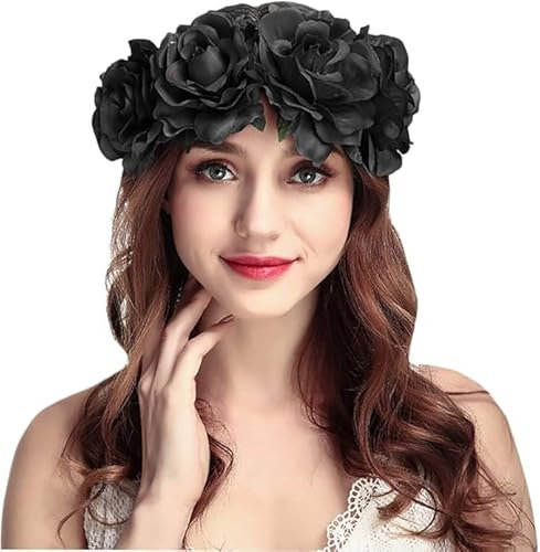 Corona con rose e fiori, da donna, copricapo gotico per capelli, per travestimenti, cosplay, feste, Halloween, giorno dei morti, accessori per foto (nero, taglia unica)