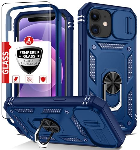 IYTRRYH Compatible with iPhone 12 Mini Case with 2 Tempered Glass Screen Protectors,Built-in 360°Kickstand Ring with Camera Cover Shockproof Military Grade Drop Heavy Duty Protection Phone Bumper Blue