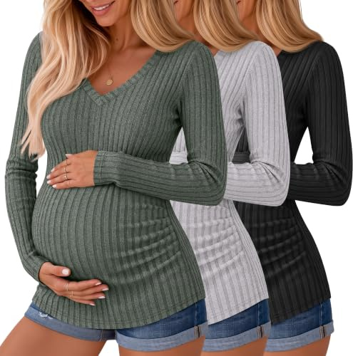 Ficerd Magliette Premaman 3 Pezzi, a Maniche Lunghe, con Scollo a V, a Coste, per la Gravidanza Maglioni Invernali Termici