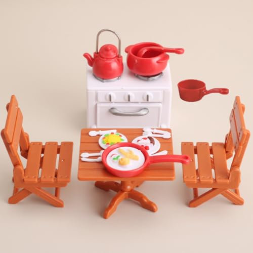 KARLOR Puppenhaus Möbel Set Küche,18 Stück Miniatur Küchenmöbel Esstisch Stühle Pot Ofen Geschirr, Puppenhaus Küchenutensilien Deko 1:12 Puppenhaus Esszimmer Küche Möbel Dollhouse Puppenmöbel Zubehör