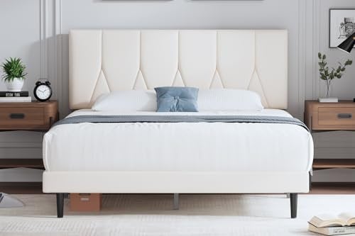 Yocreat Polsterbett 120 x 200 cm Bettgestell Doppelbett Bettrahmen mit Kopfteil, Stoffbett mit Lattenrost, Einfache Montage, Beige