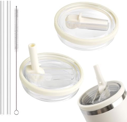 2 PCS Leakproof Lids with Straw for Stanley Cup, 40oz Replacement Cup Lid Stanley, Flip Straw Lid with 2 Straws and 1 Cleaning Brush for Stanley Cup Accessories (Cream White)