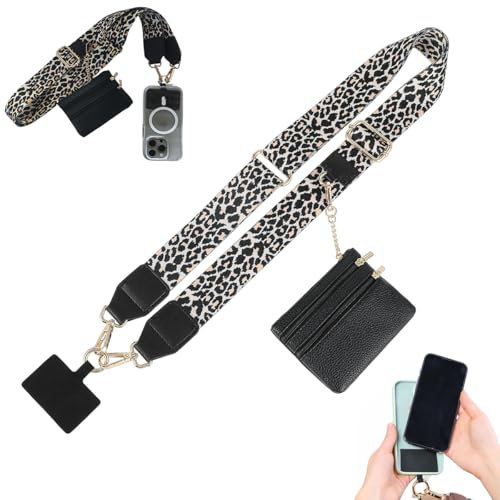 Handykette Universal mit Tasche, 2-in-1 Handy Lanyards mit Geldbörse,Verstellbarem Crossbody-Gurt,Handygurt Zum Umhängen, Handyband Zum Umhängen Breit,Handy Zubehör,Clip Bag Handy(Leopardenmuster)