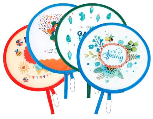 Yolev 4 Pcs Round Folding Hand Fans, Japanese Style, 4 Styles, Foldable Cooling Fans, Wall Art, Living Room, Bedroom, Dining Room, Home Office