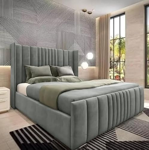 4FT6 Double Bed Frame With Mattress Wingback Winged Headboard Upholstered in Grey Plush Velvet Wooden Slats - No Storage (Grey, 4FT6 Double Bed With Mattress)