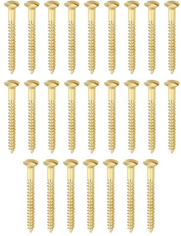 PATIKIL M4 x 40mm Slotted Wood Screw, 25 Pack Solid Brass Oval Head Flat Head Self Tapping Screws for Wood Furniture Connecting, Gold Tone