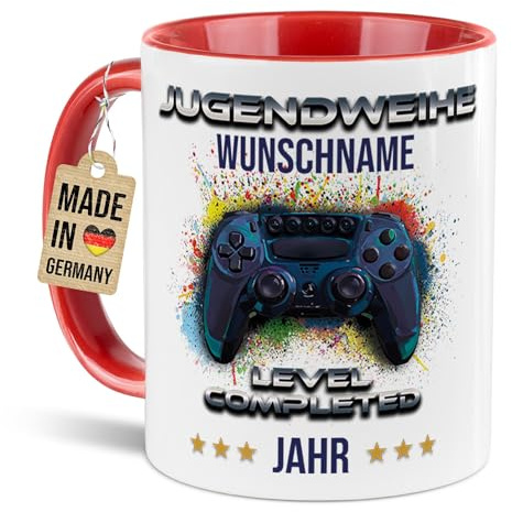 Tassendruck Tasse zur Jugendweihe mit Namen und Jahr selbst gestalten - Level completed, Controller - Personalisiertes Geschenk - Keramiktasse, 300 ml, Innen & Henkel Rot