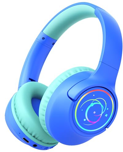 Kids Bluetooth Headphones with 85H Playtime for Toddler Boy, Blue with LED | Over Ear Wireless Headphones for Kids, 85/94dB Safe Volume Limit, Bluetooth 5.4 Built-in Mic for iPad Tablet Airplane Travel