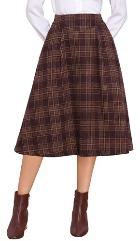 Allegra K Femme Jupe Plissée Tartan Taille Haute Trapèze Midi | Motif Tartan Taille Haute Dos Élastique Fermeture à Glissière Invisible Longueur Genou Coupe Trapèze Poches