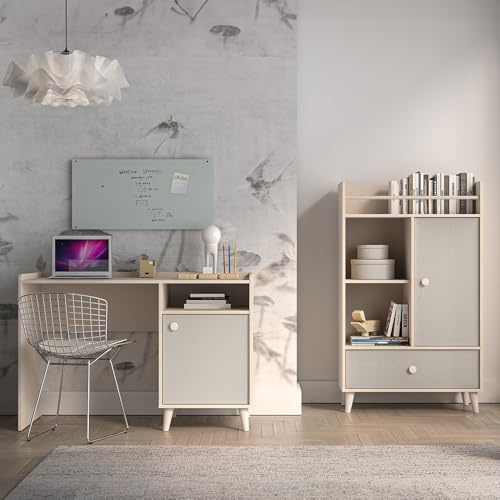 Lomadox Jugendzimmer Set 2-teilig in Sandbeige mit grau Schreibtisch Regal Softclose Stauraum fühlbare Holzstruktur