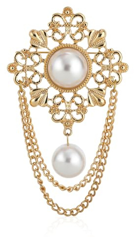 Mikovivi Blumenketten-Quastenbrosche, Goldene Retro-Perlenbrosche Vintage-Anstecknadel mit Runden Perlen Filigrane Blumenketten-Quastenbrosche Anstecknadeln für Damen