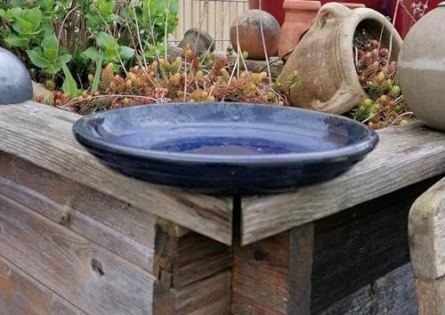 Generisch B-Ware !! Großer Untersetzer/Teller/Vogeltränke ø 42 cm aus winterfesten Steinzeug blau glänzend glasiert Unterteller Pflanztopf Garten Deko Mediterran