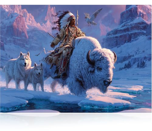 Winter White Bison Journey 1000 Piece Wooden Puzzle for Adults – Native American Warrior with Wolves and Snow Mountains