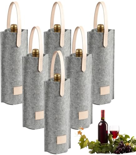 6 Stück Flaschentasche Filz, Single Bottle Weintasche, Filz Weinbeutel, Weinflaschen Aufbewahrungsbeutel, Geschenktüte Weinflasche, Wiederverwendbare Weinflaschenbeutel für Partys Picknicks(Grau)