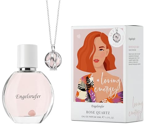 Engelsrufer Powerful Stone Duftset Damen – Eau de Parfum 30ml Loving Energy & Paradise Halskette mit echtem Rosenquarz aus Edelstahl IP Rhodium – Geschenk Frauen