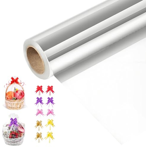Geschenkfolie Transparent, 40CM x 30M Klare Cellophanfolie mit 10 Schleifen, 3 Mil Dicke Durchsichtiges Geschenkpapier für Hochzeit Blumen Geschenkkörbe Wrap, Transparentpapier Rolle für Weihnachten