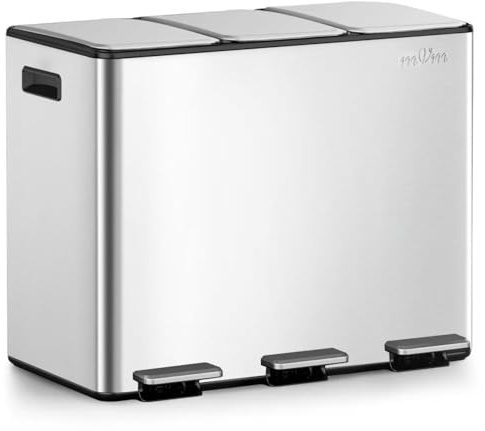 mVm Triple Kitchen Bin,45L Recycling Bin,3 Compartment Rubbish Bin,Stainless Steel Trio Section Food Waste Separation System with Plastic Inner Buckets and Handles,Soft Close,Large Trash Can
