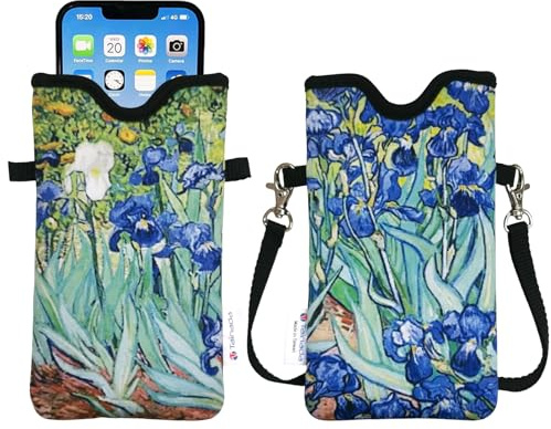 Tainada Neoprene Phone Pouch w/Crossbody, Neck Lanyard (Van Gogh Irises) | Lightweight cellphone case bag w/ adjustable lanyard; Compatible w/ iPhone 17/16 Pro Max, 16e, 16/15 Plus; Samsung S26, A57