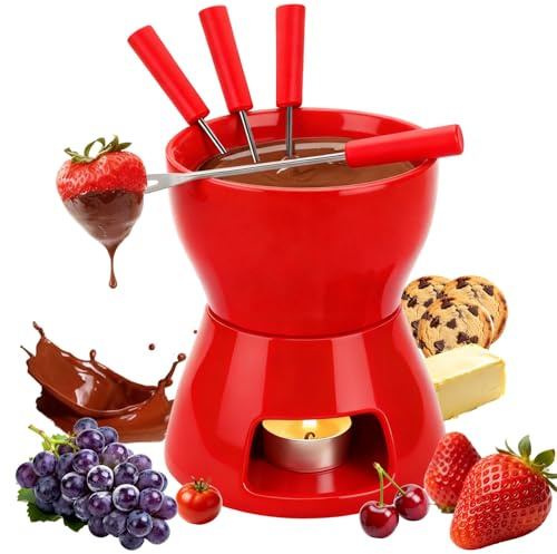 Red Chocolate Cheese Fondue Pot Set No Tealight Included | 300ml Ceramic Butter Fondue Pot with 4 Forks Dessert Melting Pot for Dates Birthdays Christmas Valentine's Day Party Gift