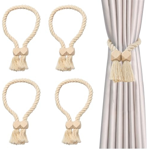 Magnetische Vorhang Raffhalter, 4 Stück Raffhalter für Vorhänge(Beige) | Gardinenraffer aus Holz, Handgewebt Vorhanghalter, Gardinen Raffhalter Baumwollseil für Gardinen Home Büro Gardinen Deko