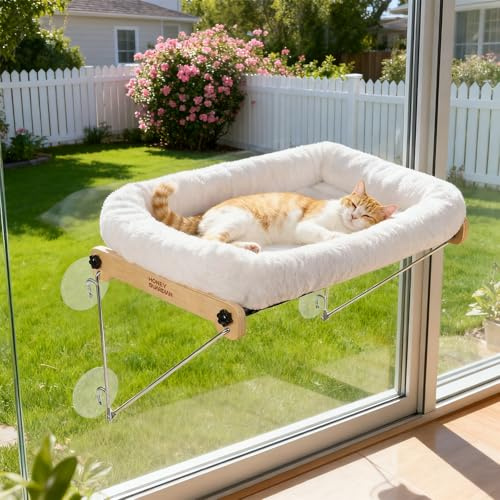 HONEYGUARDIAN Cama Gatos Ventana, Hamaca Gato Ventana de Madera con Ventosa Fuerte, Amaca Camita para Gato, Cama Colgante para Gatos Soporta hasta 18kg con Lavable & Reversible Cojín, 56 x 33cm | Tumbona para ventana con ventosa fuerte, marco de madera maciza para gatos de hasta 18 kg