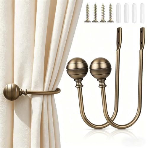 Large Curtain Tieback Holdbacks, 2pcs Metal Curtain Hooks for Wall Mounted, Curtain Drapery Holder Pull Backs for Hanging Items, Thickened Curtains Window Decoration, Antique Brass