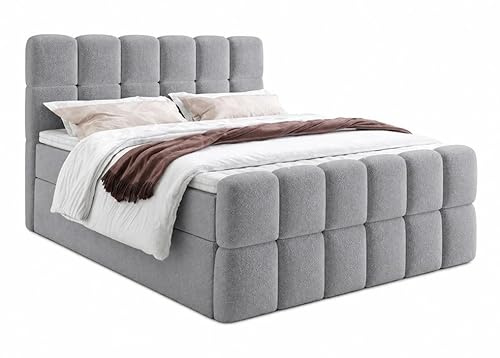 Boxspringbett SELA Kontinentales Polsterbett mit Kopfteil und Fußteil in Bouclé Stoff, Gepolstert, H3, Modernes Designerbett, Weiches Komfortbett, Doppelbett (Grau: Fredo 35, 180x200 cm)
