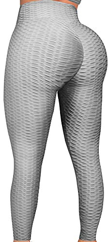 FITTOO Tiktok Damen Honeycomb Anti Cellulite Leggings Booty Scrunch Hohe Taille Push Up Boom Booty Sport Leggings Stretch Gym Yogahosen Grau, M