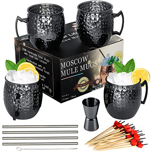 Moscow Mule - Lot de 4 tasses en acier inoxydable plaqué noir - 530 ml - Pour boissons fraîches - Noir
