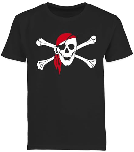 Kinder T-Shirt Jungen - Bunt gemischt - Totenkopf Pirat mit Kopftuch I Toten Schädel I Skull - 140 (9/11 Jahre) - Schwarz - piratenshirt Pirate Shirt piratenshirt-Kinder Piraten Tshirt t