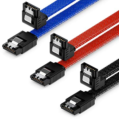 deleyCON 3x 50cm SATA 3 Nylon Cavi Set Cavo Dati 6 Gbit/s Cavo di Collegamento Cavo di Attacco Scheda Madre HDD SSD Disco Rigido 1 Spina S-ATA a 90° Nero Blu Rosso