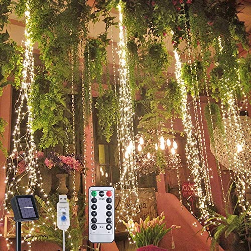Flintronic Cascada de Luces Solares - 10 Hebras 200 LEDs, 8 Modos, USB y Energía Solar - Luces de Hadas Colgantes Con Control Remoto Para Interior y Exterior