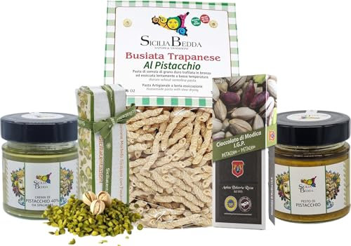 Sicilia Bedda - BOX PISTACCHIO SICILIANO - 5 Prodotti Tipici Siciliani - Busiate, Pesto, Crema, Cioccolato di Modica, Torrone