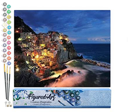 Figured'Art Peinture par Numéro Adulte Village au bord de Mer - Activité Manuelle Kit de Loisir Créatif DIY Numéro d'Art Complet - 40x50cm sans châssis en bois