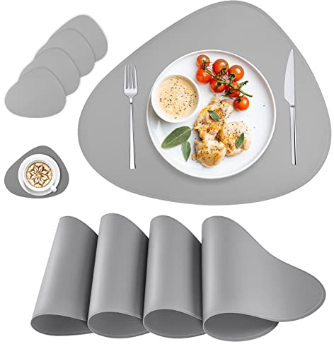 Leder Tischsets 4er-Set, ovale Tischsets aus Kunstleder für Küche Esstisch, Abwischbare waschbare Esstisch-Matten hitzebeständige moderne Tischsets für runde Tische (Hellgrau)