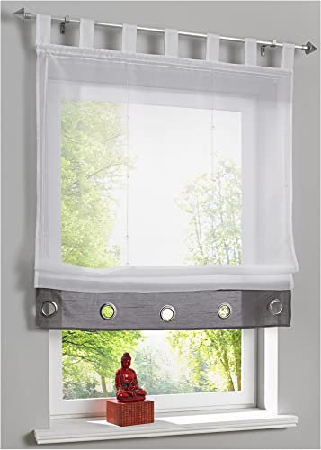 Devola transparent Voile Raffrollo mit Öse Raffgardinen mit Kordelzug Faltvorhang Modern Rollo mit Schlaufen Küchengardine Fertiggardine BxH 100x155cm Grau 1er Pack