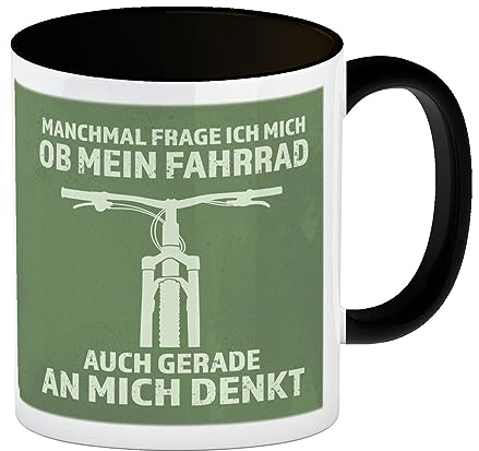 speecheese Manchmal frage ich mich ob mein Fahrrad auch gerade an mich denkt Kaffeebecher Schwarz
