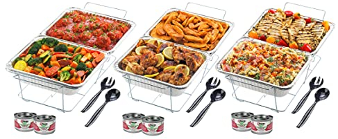 Sterno Party Pack - Set da buffet usa e getta in alluminio con scaldabagni in scatola verde, scaffali, padelle in lamina e utensili da portata, confezione da 3, colore: argento