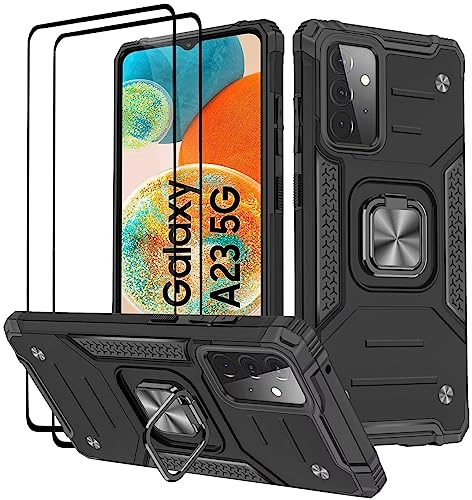 KANSi Hülle für Samsung Galaxy A23 5G / 4G, Schutzfolie [2 Stück] Silikon TPU Hart PC Handy Hüllen 360 Grad Drehbar Ringhalter Bumper Stoßdämpfung Schutzhülle - Schwarz