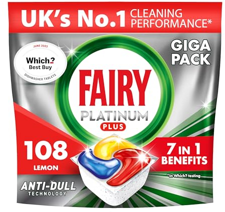 Fairy Platinum Plus All-in-1 108 Dishwasher Tablets, Lemon, Best Cleaning for a Like-New, Fights Grease & Prevents Limescale