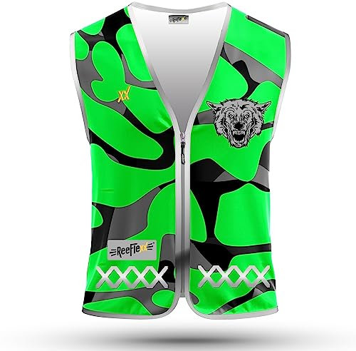 REEFLEXX Herren-Fahrradweste - Stylische Warnweste mit auffälligen Farben/Mustern und starken Reflektoren - Erhöhte Sichtbarkeit im Straßenverkehr. Green Camou Wolf, Größe S/M