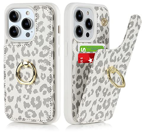 CAVOR Handyhülle kompatibel mit iPhone 14 Pro Hülle mit kartenhalter,Flip Leder Geldbörse Handyhülle,[Mit 4 Kartenfach][Mit Ring Ständer],Klapphülle Handytasche - Weiß