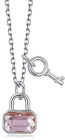 ZEDARO Woman Jewelry 925 Sterling Silver Necklace Chain Pink Crystal Lock Necklace With Key Charm For Girlfriend Birthday Gift