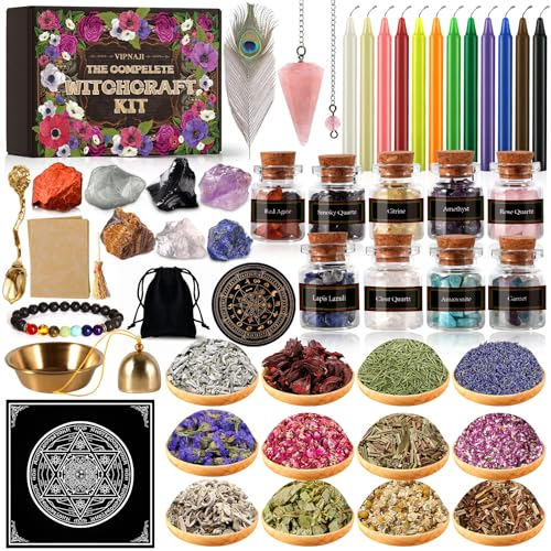 VIPNAJI Starter Witch Kit 64 Stück Witchcraft Kit,Kerzen Kleine,Trockenblumen,Kristallen,Messlöffel,Pergamentpapier,Getrommelte Edelstein-Kristallchips für Chimes,Magie,Hexerei,wünsch dir was,Rituale