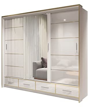 Kleiderschrank mit Spiegel Schwebetürenschrank 2-türig Schrank mit vielen Einlegeböden und Kleiderstange Gaderobe Schiebtüren Schlafzimmer - Modern Design (BxHxT) | 253x220x66 - SERAPHINE 253 Weiß